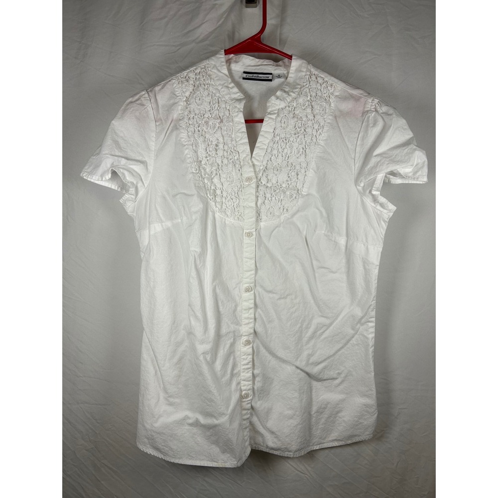 Croft & Barrow Womens White Lace Bib Button Down Short Sleeve Blouse Size M